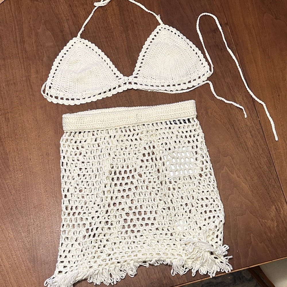Ella White Crochet Bikini Top & Skirt Set